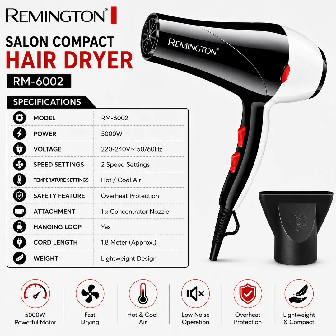 Remington Hair Dryer RM-6002 | 5000W Powerful Hair Dryer with Hot & Cool Air | 2 Speed Settings | Compact Salon Hair Styling Dryer