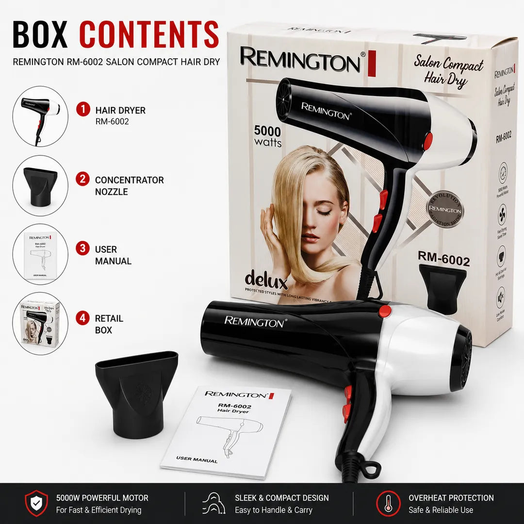 Remington Hair Dryer RM-6002 | 5000W Powerful Hair Dryer with Hot & Cool Air | 2 Speed Settings | Compact Salon Hair Styling Dryer