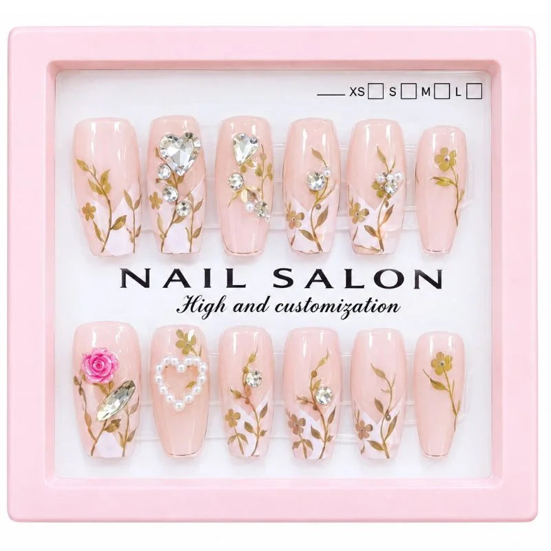 12 Pcs Press On Nails Set With Floral Design & Rhinestone Decoration | Reusable False Nails With Nail Prep Kit