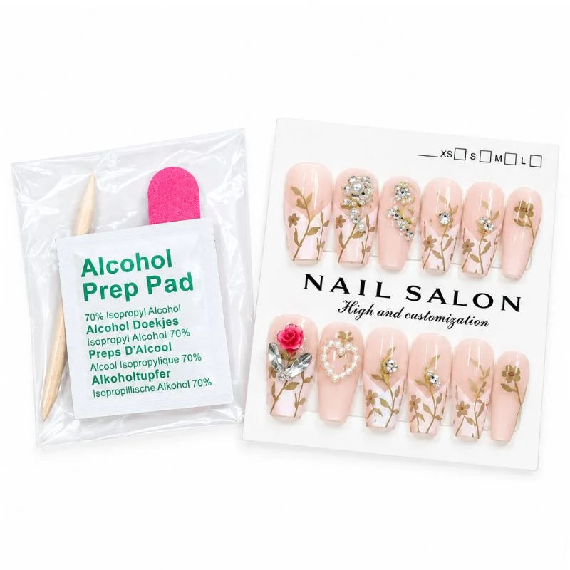 12 Pcs Press On Nails Set With Floral Design & Rhinestone Decoration | Reusable False Nails With Nail Prep Kit