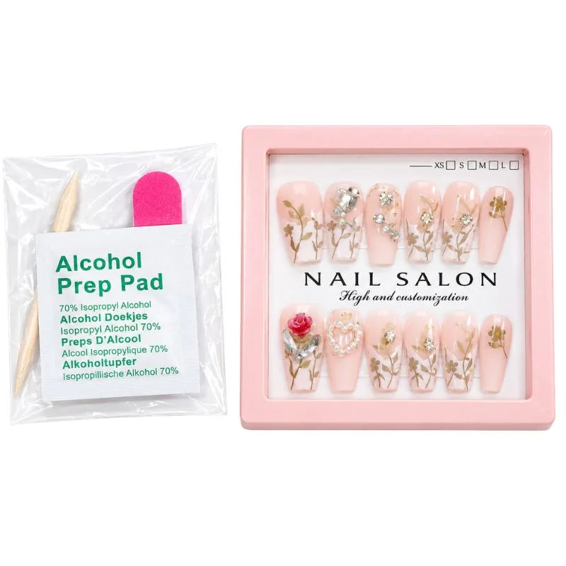12 Pcs Press On Nails Set With Floral Design & Rhinestone Decoration | Reusable False Nails With Nail Prep Kit