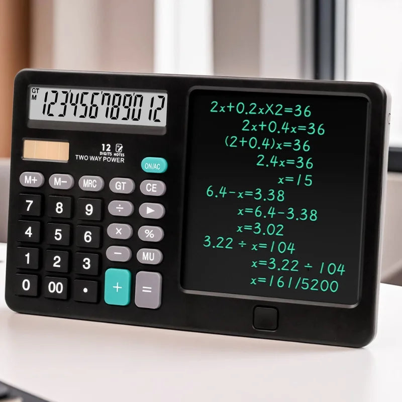 Functional Calculator with LCD Writing Tablet | Model DS-837X | 2-in-1 Digital Calculator & Reusable Notepad | Solar & Battery Powered | Stylus Pen