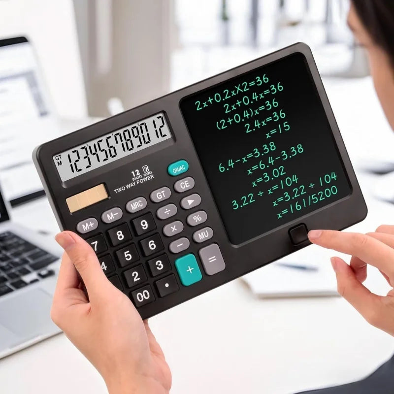 Functional Calculator with LCD Writing Tablet | Model DS-837X | 2-in-1 Digital Calculator & Reusable Notepad | Solar & Battery Powered | Stylus Pen