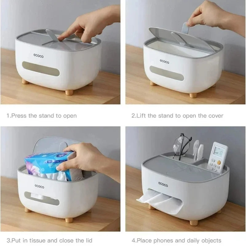 ECOCO Tissue Box with Multifunctional Storage Drawer | Creative Desk Organizer & Tissue Holder | Remote Control & Stationery Organizer | Kitchen, Living Room & Office